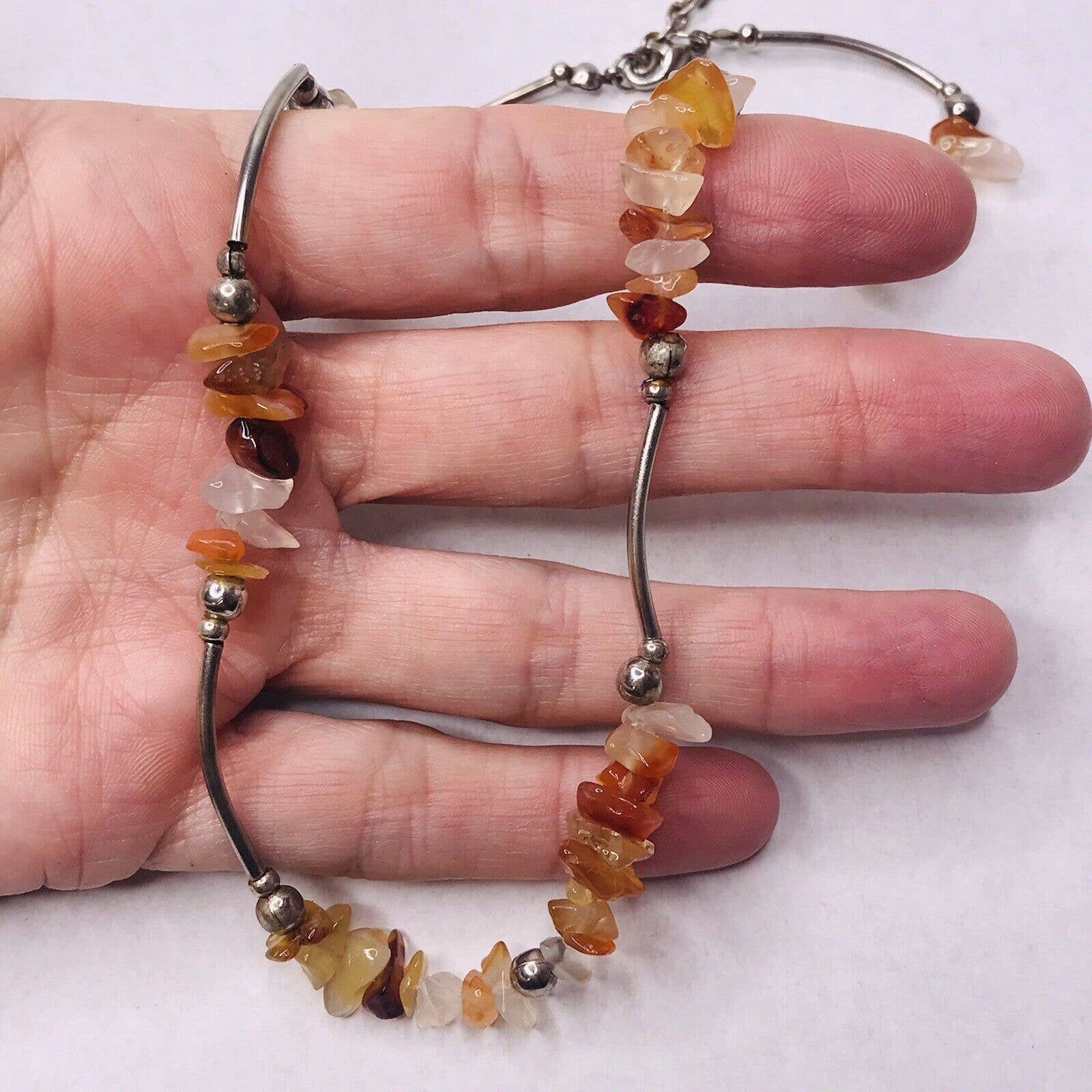 Nugget Gemstone Necklace Brown Quartz Silver Tone Beads